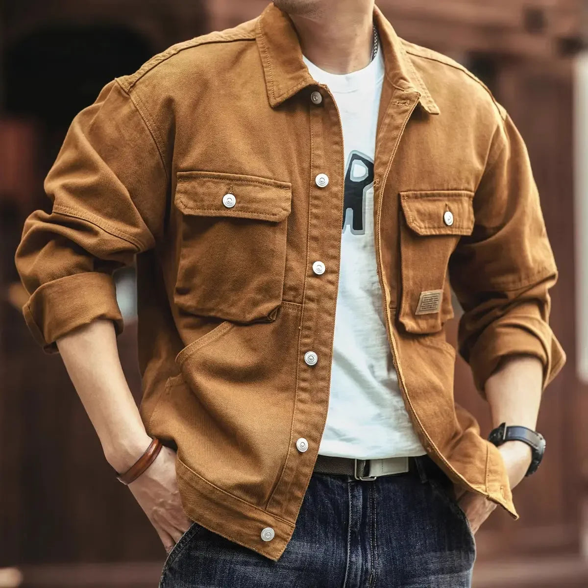 High end work jacket, men's spring and autumn trendy brand, loose American retro lapel jacket, casual and handsome denim jacket
