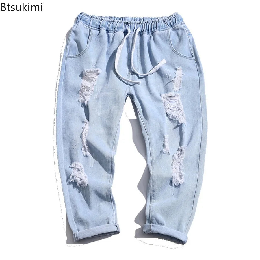 2025 Men's Summer Ripped Jeans Fashion Casual Streetwear Korean Style Baggy Broken Holes Trousers Denim Cropped Pants Oversized