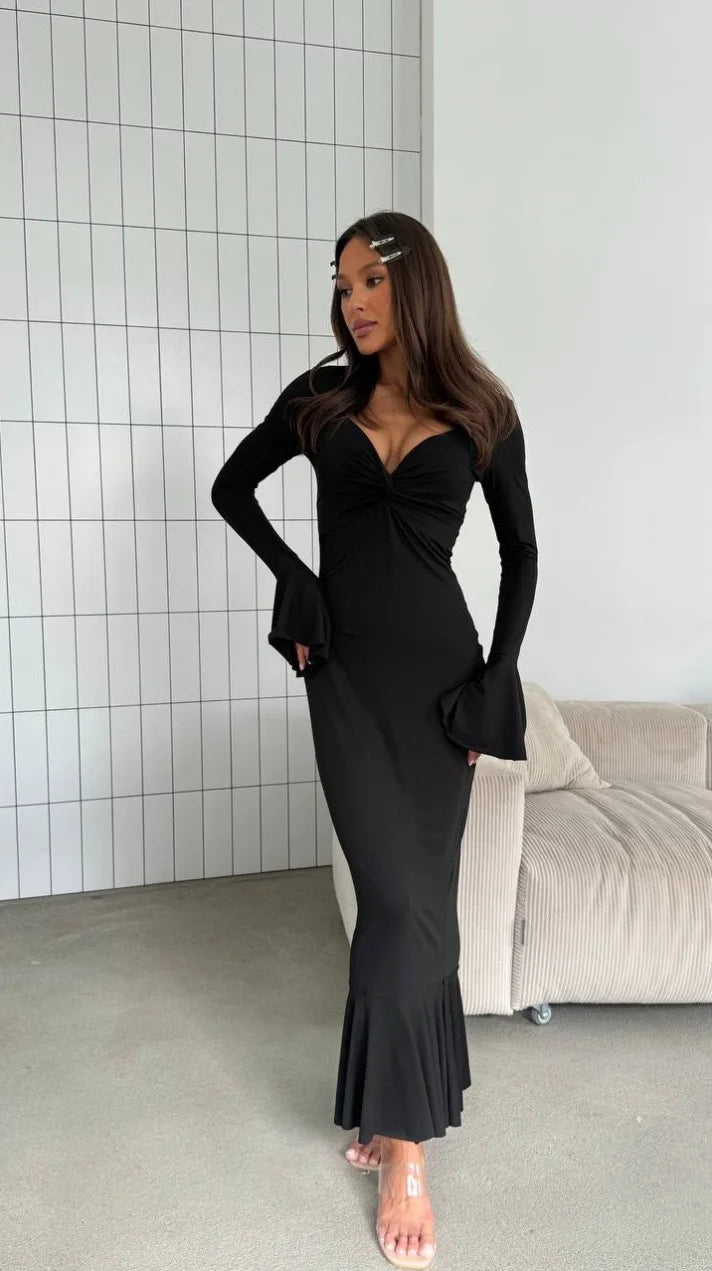 2025 Autumn and Winter New Women's Long Dresses Fashion Sexy V-neck Ruffle Sleeve Long Sleeve Skirts