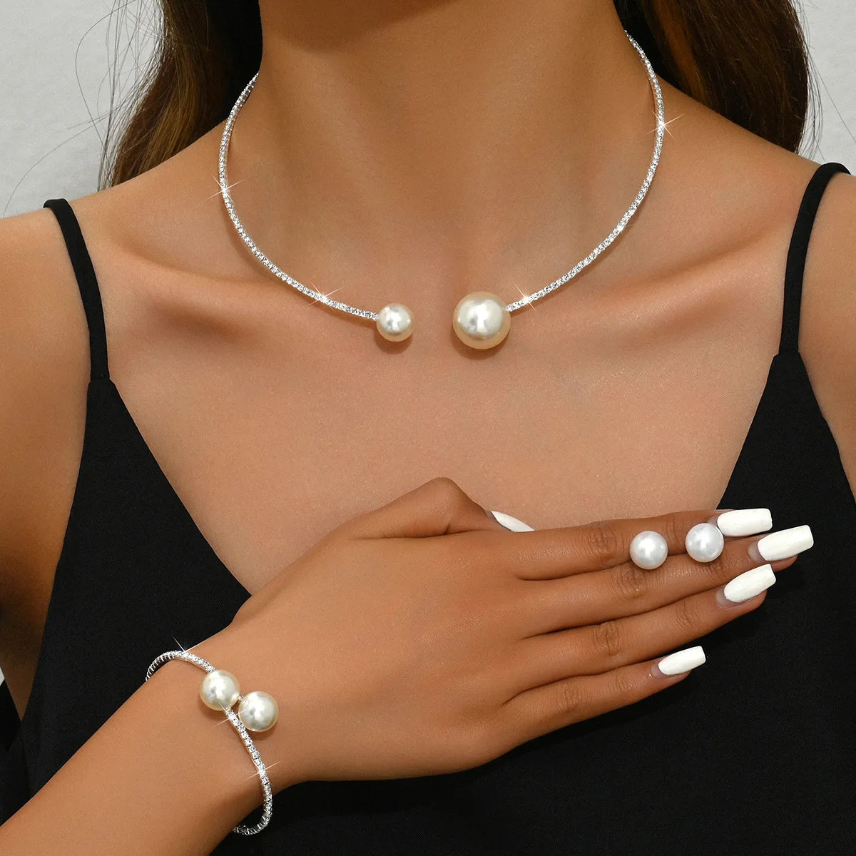 Fashionable Classic Wedding Party Jewelry Sets for Women Pearl Rhinestones Choker Necklace Earrings Bracelet Jewelry Sets