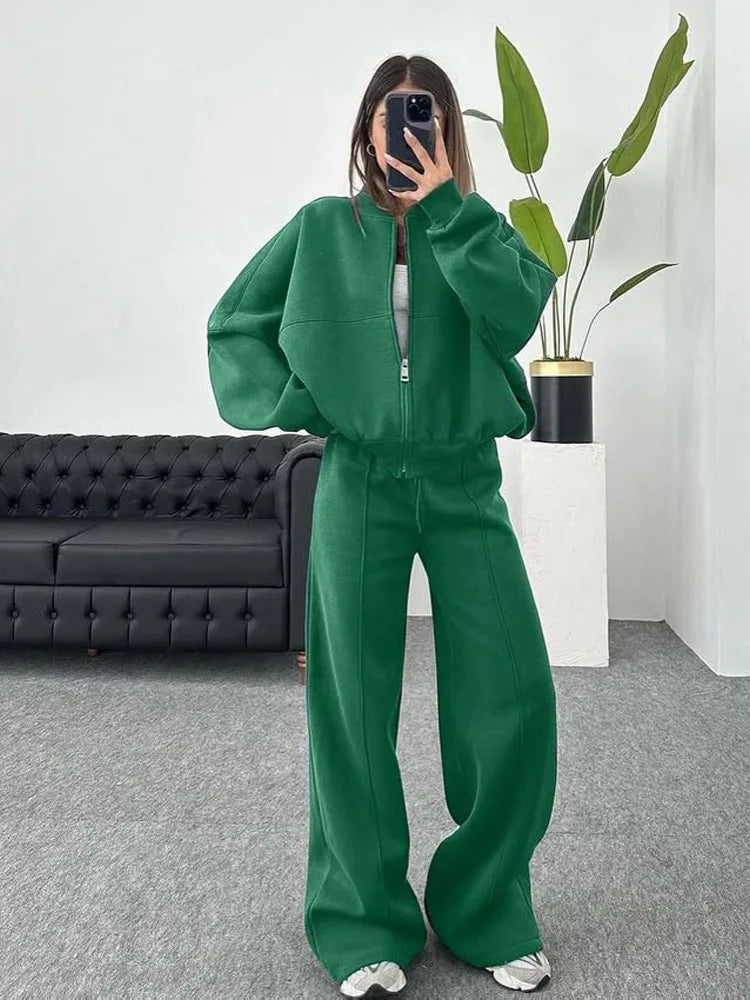 Women Sweatsuit Set Vintage O-neck Zipper Bomber Jackets High Waist Loose Pants Suit Female 2025 Spring Fashion Lady Sportswear