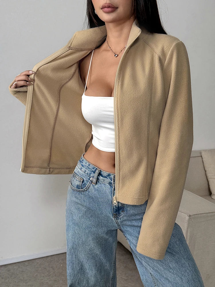 Women Fleece Jacket Top Autumn New Streetwear Fashion Long Sleeves Turn-Down Collar Zippers Coat Jacket Female's Sports Clothing