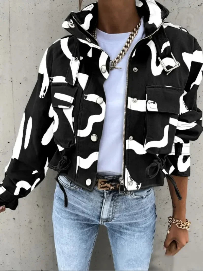 Women's New Short Casual Jacket Ladies' Autumn Rivet High Neck  Fashionable Printed Long Sleeved Single Breasted Jacket