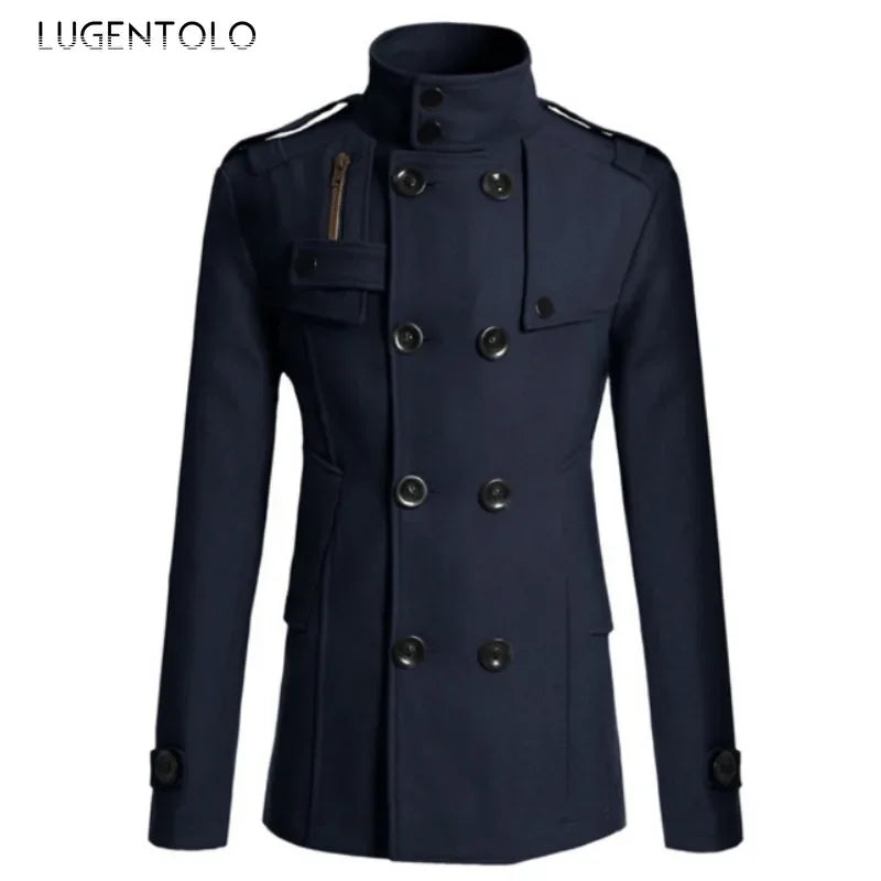 Men Casual Jacket Fall-Winter Outdoor Warm Windbreaker Fashion Lapel Double Breasted Gentleman Coat Daily Versatile Clothing