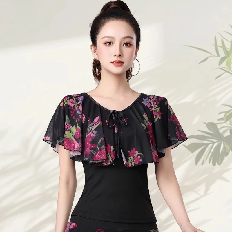 Women Samba Latin Dance Practice Suit Summer New Net Yarn Printed Modern Dance Performance Costume Square Modern Evening Dresses