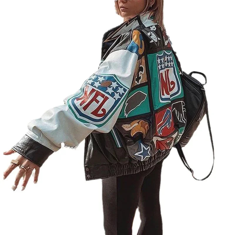 New Women's Baseball Jacket Spring Autumn Fashion Long Sleeve Motorcycle Jacket Female Y2k Printed Casual Loose Outerwear Coat