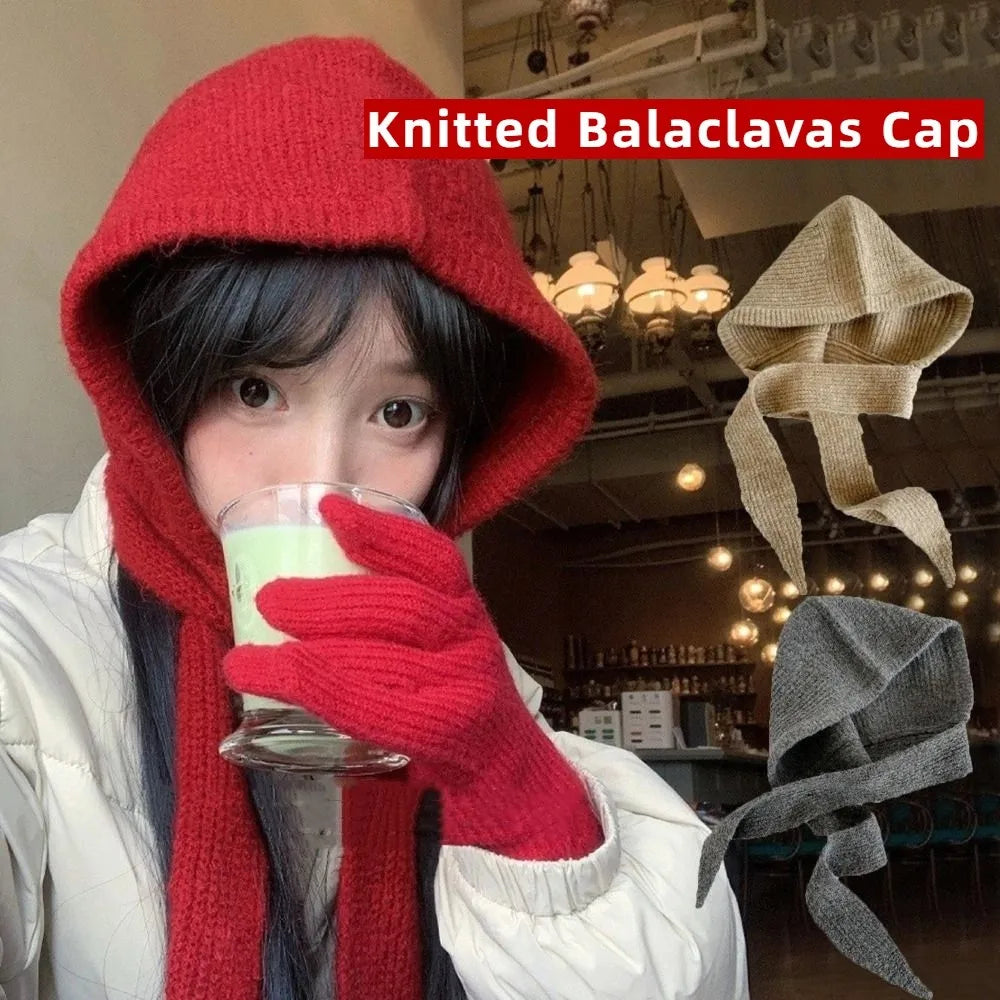 Fashion Winter Balaclavas Cap Warm Thick Knitted Hooded Hat Ski Windproof Neck Collar Scarf Cap Beanie