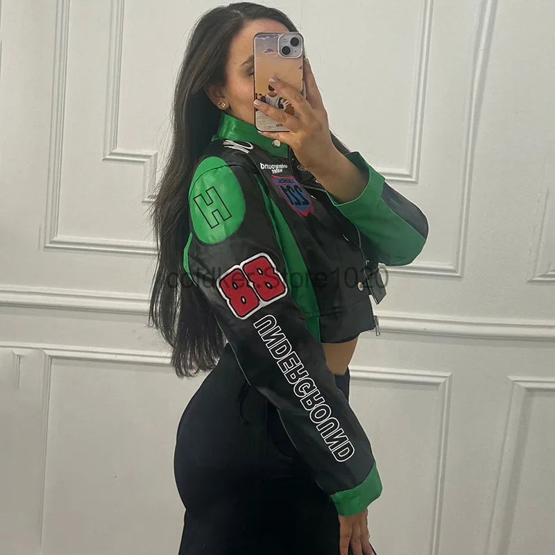 Women Fashion Hipster Pu Leather Jacket Y2K Letter Printed Hipster Motorcycle Jackets Spring Autumn Single-Breasted Casual Coat