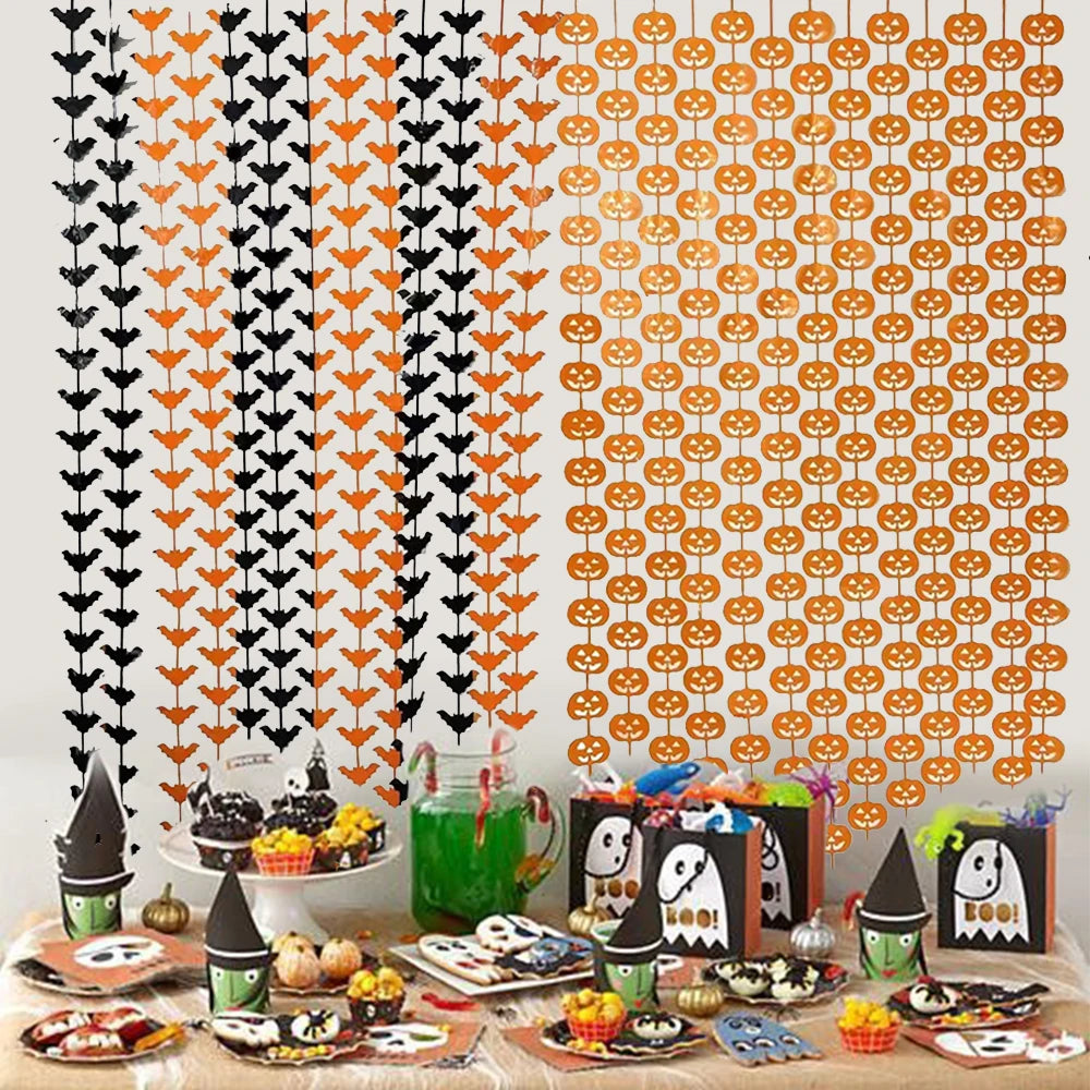 Halloween Decorations Pumpkin Skull Bat Black Orange Hanging Curtain Backdrop Haunted House Halloween Themed Party Supplies