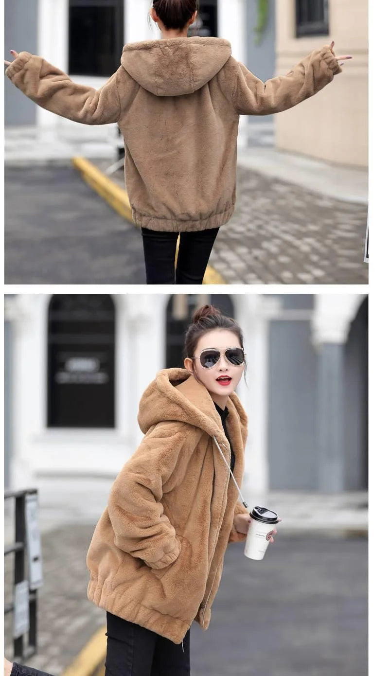Women's Flannel Hooded Coat - Mid-Length Plush Jacket, Winter Fleece-Lined Warm Outerwear