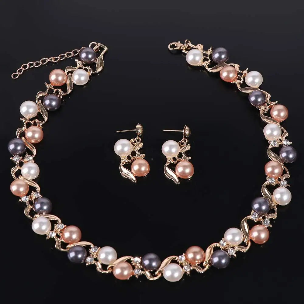 Exquisite Elegant Pearl Necklace Rhinestone Metal Colorful Pearl Necklace Dangle Earrings Leaf Necklace Earrings Set Gift
