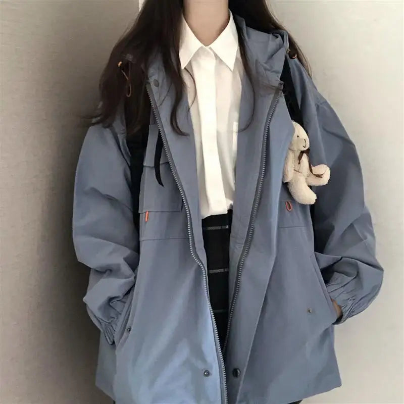 Women Black Jacket with Hood Long Sleeve Work Clothes Pocket Zipper Jacket Coat Woman Loose Casual Outerwear Coat Tops Trend