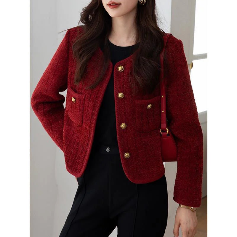 Wine red Coat Women Xiaoxiangfeng Jacket  Autumn and Winter New Short Jackets Elegant Women's Top