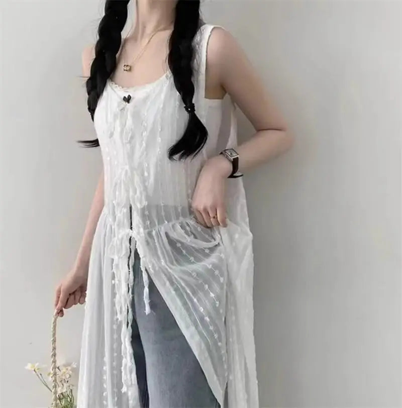 Embroidered Dress for Women in Summer Thin Lace up Layered Vest Long Cover Skirt