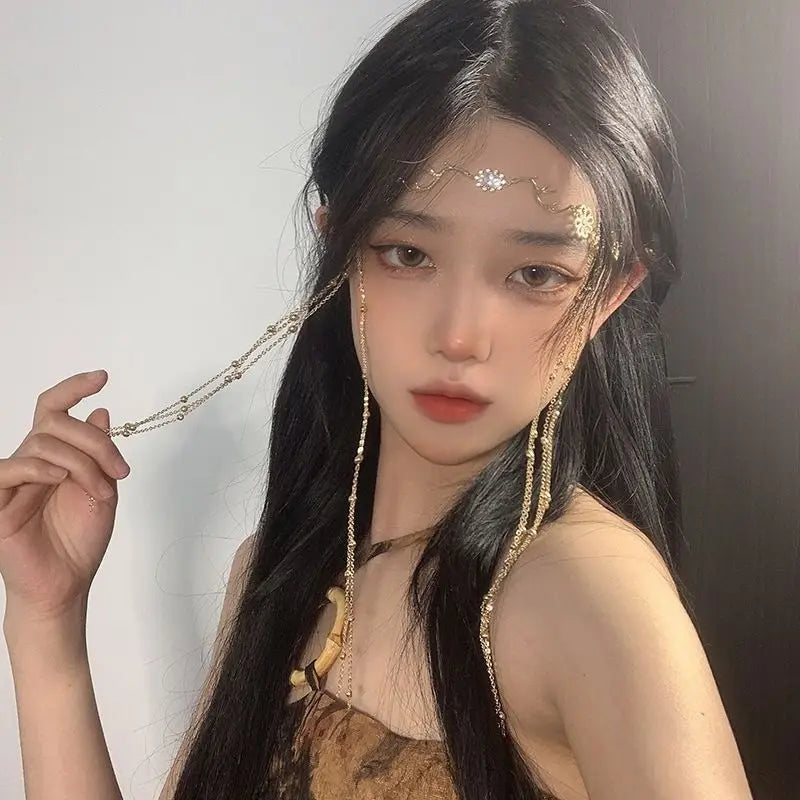 Luxury Jewelry Hair Accessories For Women Waterdrop Flower Tassel Forehead Chain Sexy Red Gemstone Hair Pendant Elegant Hairpin