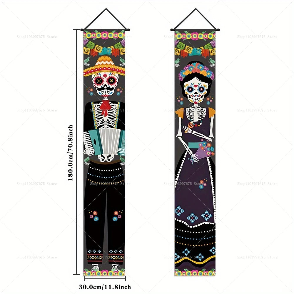 Halloween Decorations Dia De Los Muertos Porch Sign Banners Mexico Day of The Dead Hanging Banner for Indoor Outdoor Wall Decor