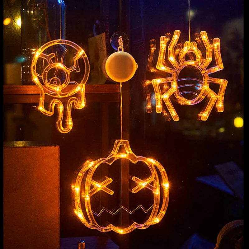 Halloween Decoration Window Lights LED Sucker Lamp Orange Pumpkin Ghost Witch Hat Hanging Lamp Halloween Party Home Decorations