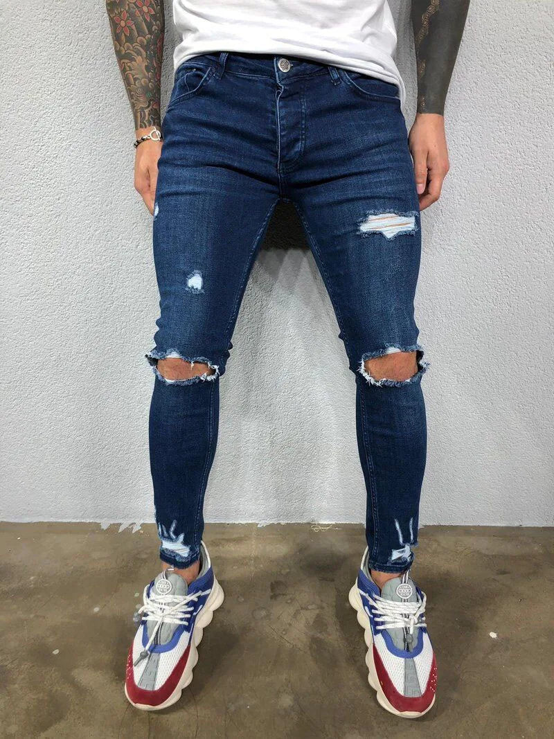 Men's Jeans Streetwear Ripped Skinny Hip Hop Man Fashion Estroyed Oversize Pants Solid Color Male Stretch Casual Denim Trousers