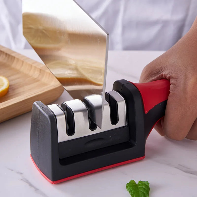 Kitchen 3-Segment Knife Sharpener Household Multi-Functional Hand-Held Three-Purpose Black Sharpening Stone.