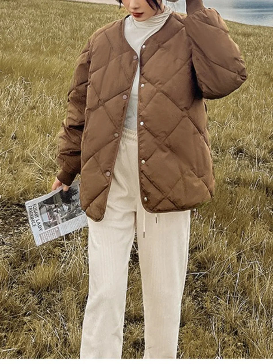 New in Winter Cotton-Padded Jacket for Women New Versatile Lightweight Rhombus Plaid Cotton-Padded Jacket Simple and Stylish