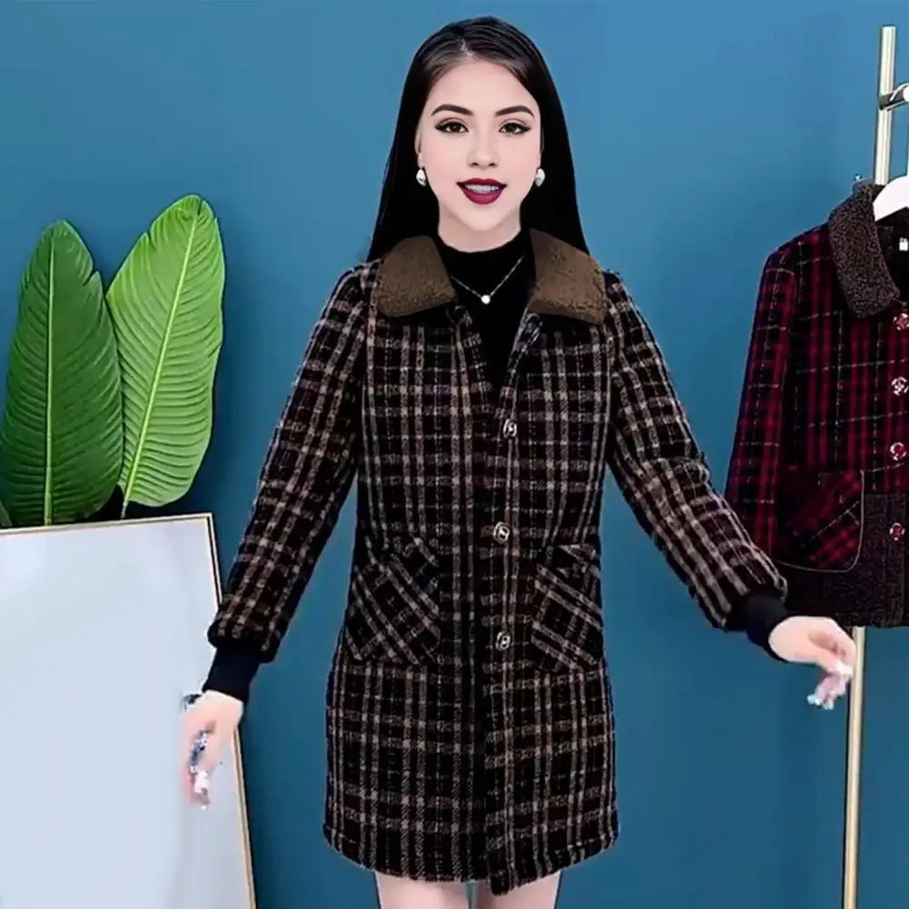 Women Plaid Coat Checkered Winter Mother Jacket Pockets Turn-down Collar Single-breasted Mid Length Overcoat Mid-aged Women Coat