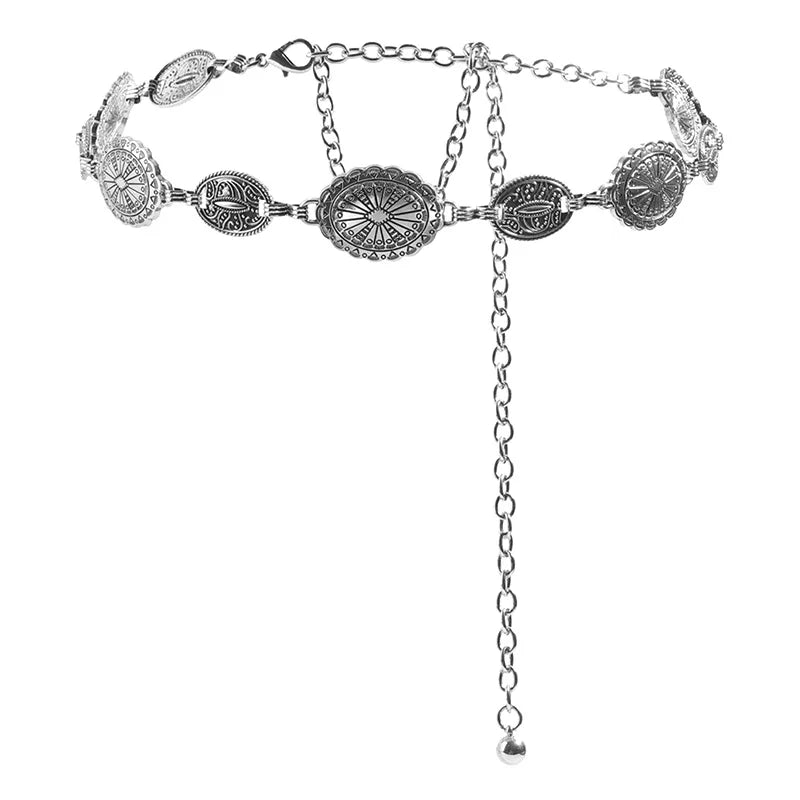 1 piece set of waist chain accessories for women's retro Bohemian ethnic style silver metal chain belt with skirt belt