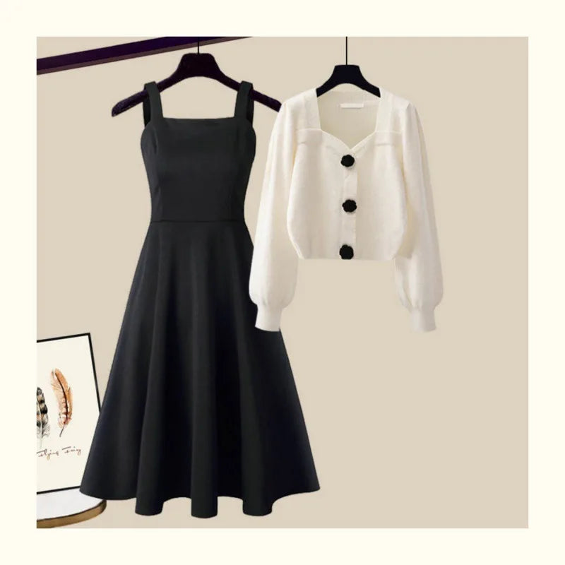Autumn Winter Knitting Dresses Set Women High Street Slim Long Dress + Cardigan Female Outfits Elegant Sweater Two Piece Suit