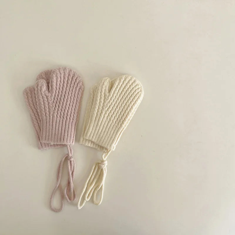 Winter Wool Children Mittens with Straps Knitted Finger Warmer Gloves for Girls Boys Solid Color Kids Accessories 4-10 Years Old