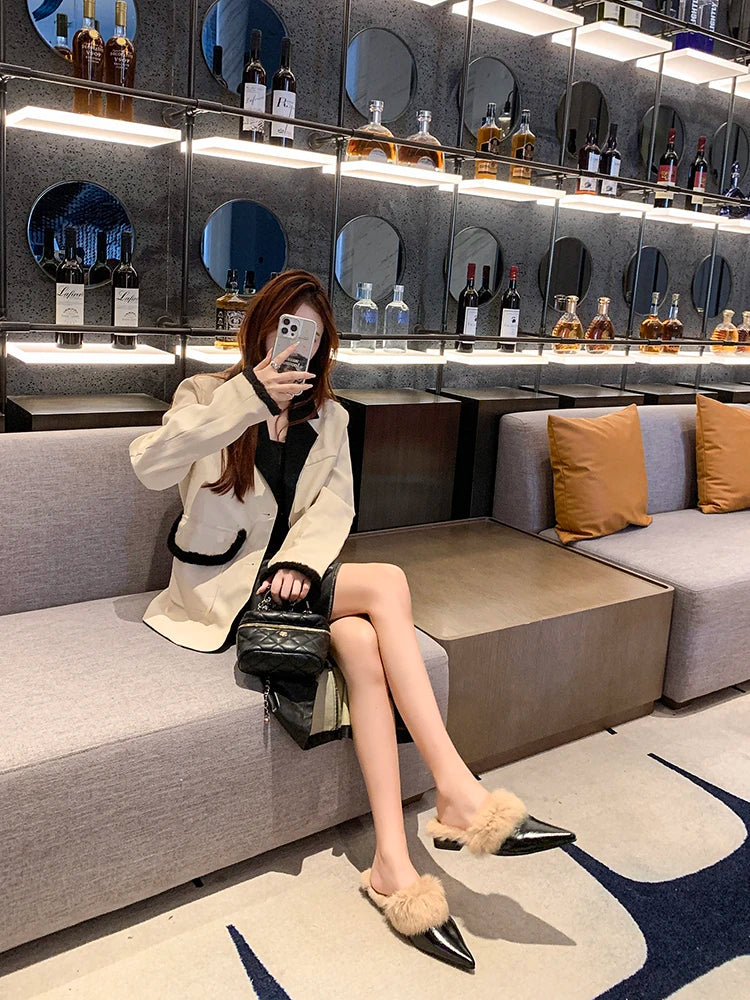 2025 New Shoes for Women House Slippers Platform Fur Flip Flops Slides Loafers Cover Toe Low Plush New Flat Basic Женская Обувь