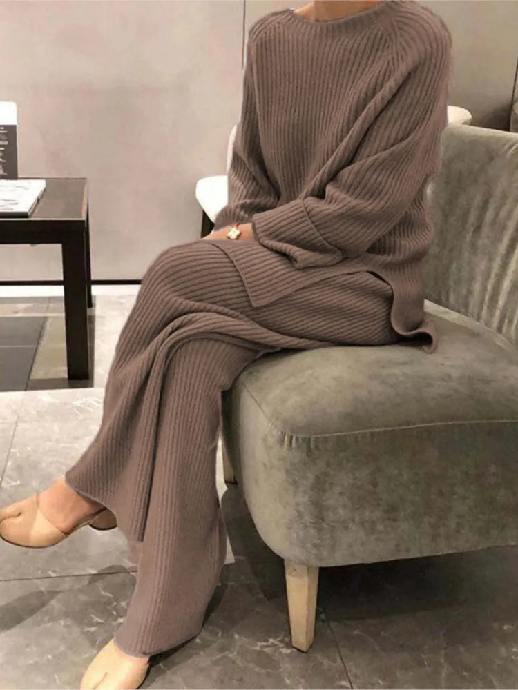 2025 New Women Elegant Sweater Suit Elegant Knitted 2-Pieces Set Spring Autumn Pullover And Trousers Suit Thin Female Outfits