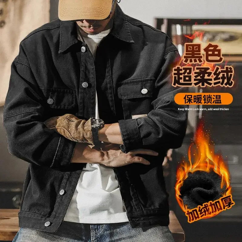 High end work jacket, men's spring and autumn trendy brand, loose American retro lapel jacket, casual and handsome denim jacket