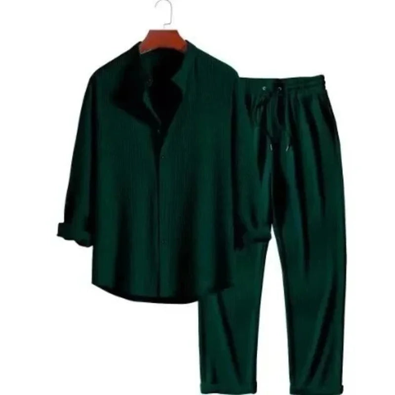 Two-piece set of single-buttoned shirts for men, solid shirts with drawstring, straight pants.