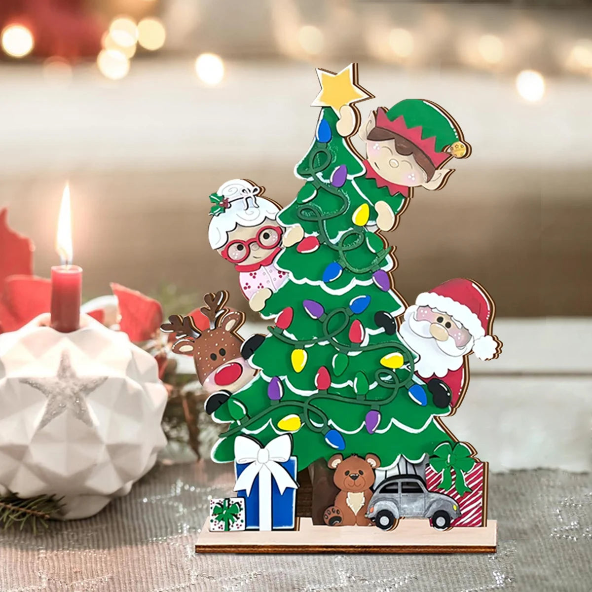 Festive Christmas Tree Ornament with Santa, Elf, Reindeer and More - Hand - painted Wooden Decor