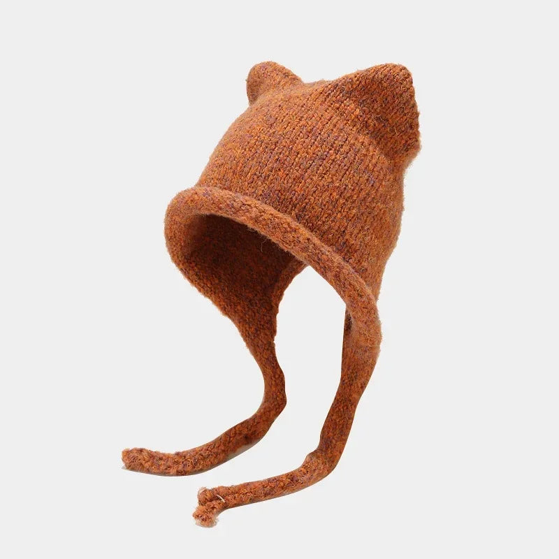 Winter Hat For Women Men Skullies Beanies Solid Color Korean Cute Cat Ear Warm Wool Ear Protection Knit Pullover Strap Cap Y2K
