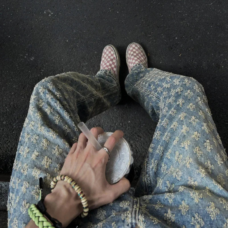 Light Blue Full Print Jacquard Jeans for Men, Niche Design, Curved Knife Pants, American High Street Vibe Straight Leg Pants