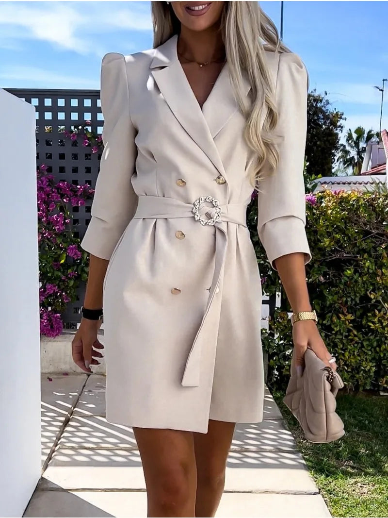 Women's Fashionable Elegant Casual Fit  Comfortable Long Sleeved Printed Collar Suit Jacket Dress with Belt