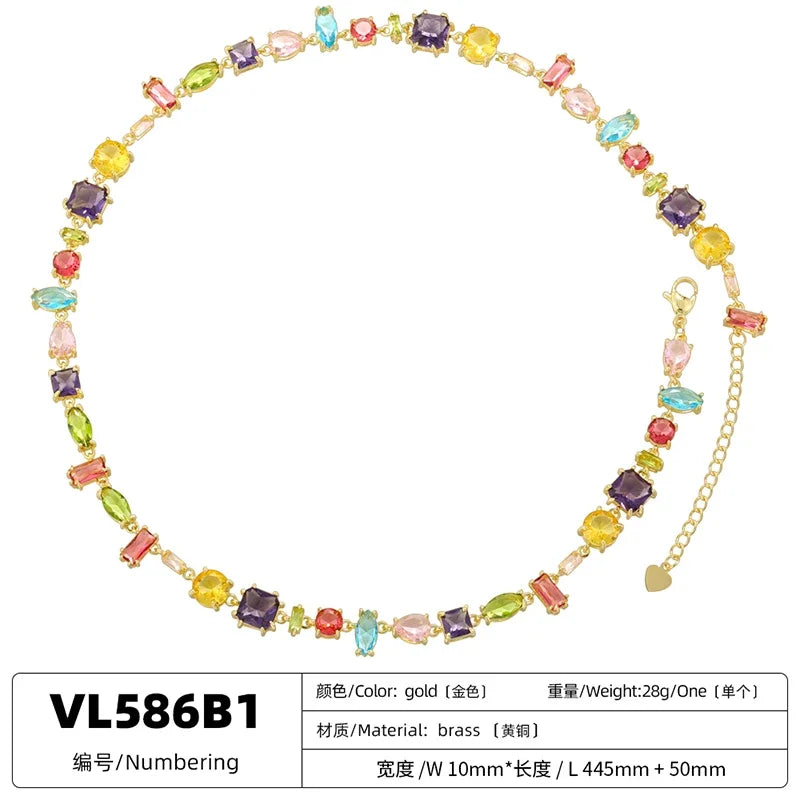ZHUKOU 18K Golden Plated Colourful Crystals Elegant Collarbone Necklace Ladies Beaded Bracelet Ladies Jewellery:VL585 VL586