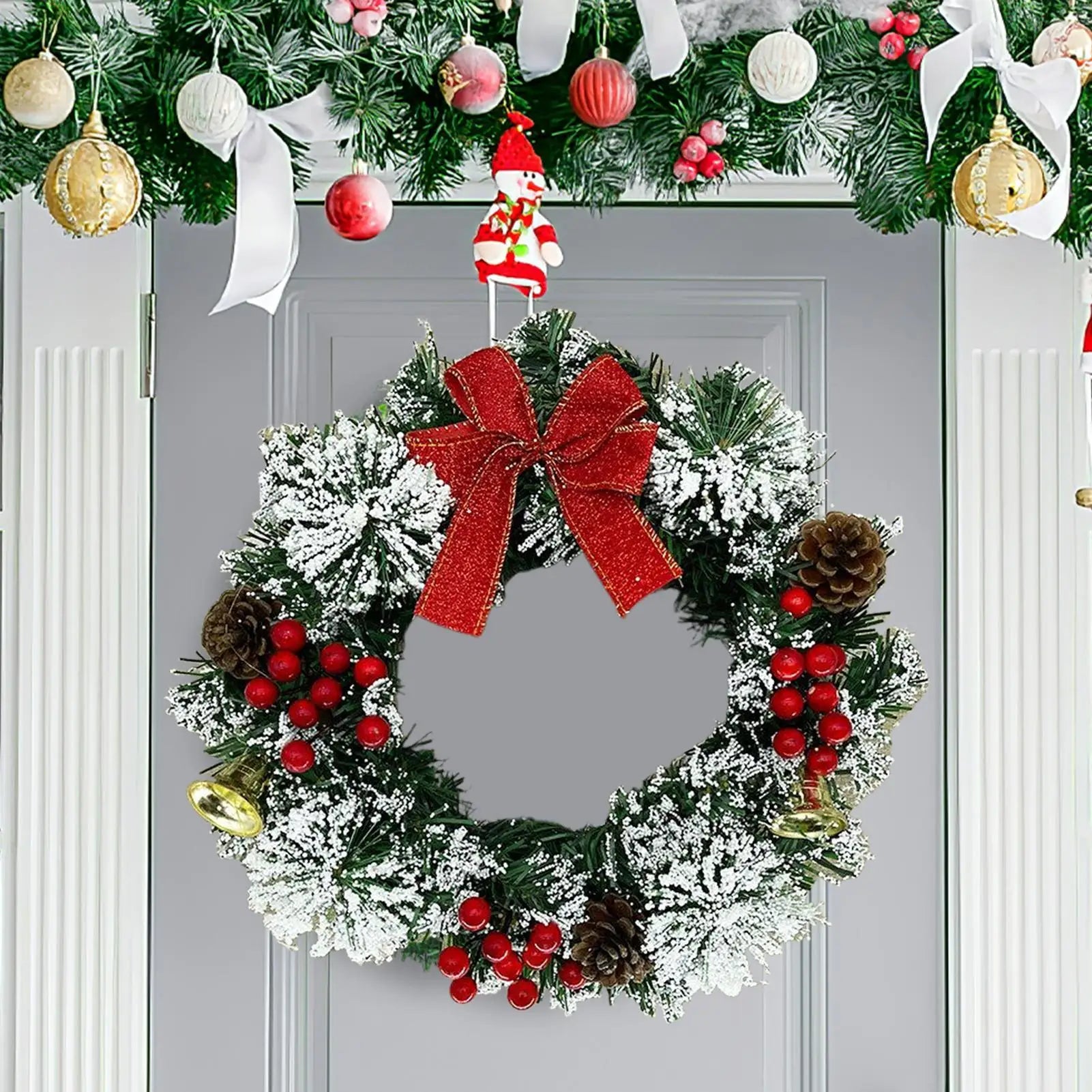 Christmas Wreath 30cm Holiday Decor with Berries Bow Bells Artificial Greenery Garland for Door Window Wall Christmas Decoration