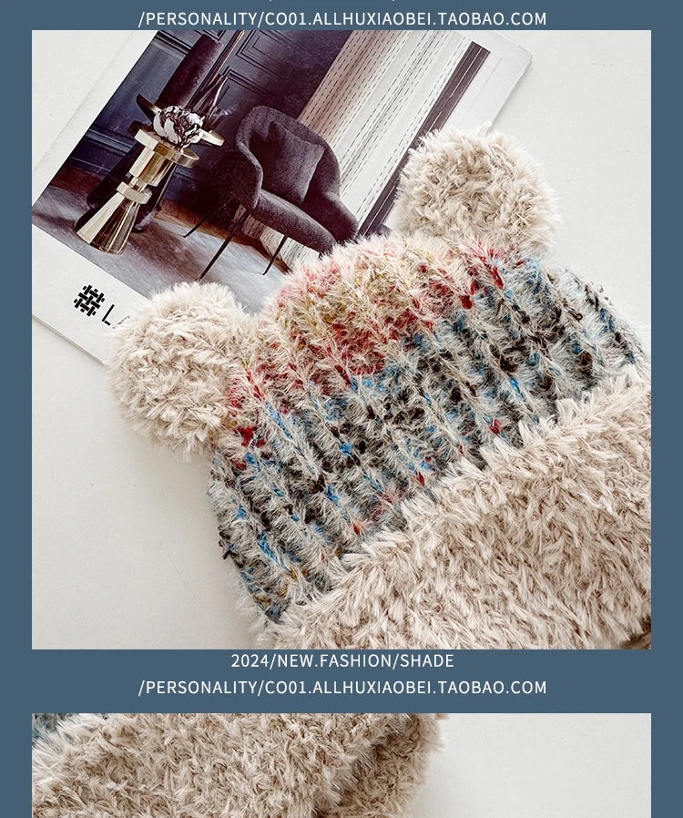 Winter Cute Cartoon Bear Ears Mixed Color Plush Pullover Hat Women Winter Warm Straps Ear Protectors Knitted Skull Beanie Cap