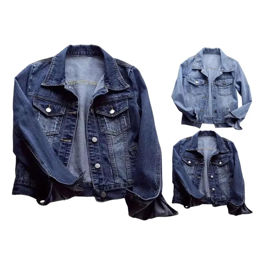 Women Denim Jacket Single-breasted Chest Flap Pocket Jacket Long Sleeve Slim Short Coat Retro Ladies Denim Jackets Outerwear