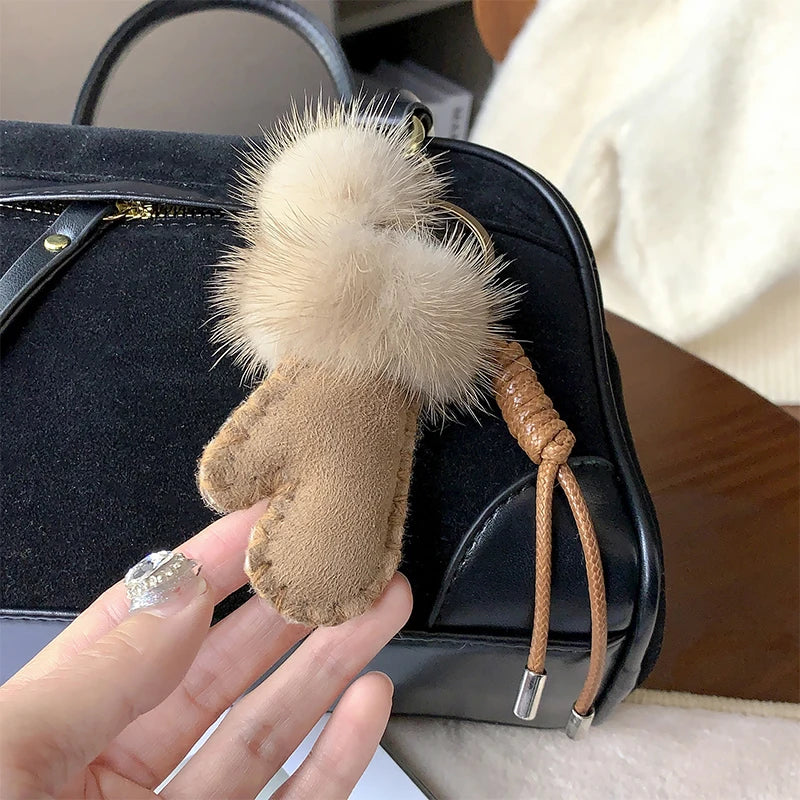 Winter Theme Bag Charm Keychain Pendant,Plush Snow Boots/Gloves Shape,Purse/Handbag Hanging Decoration,Keyring DIY Accessories