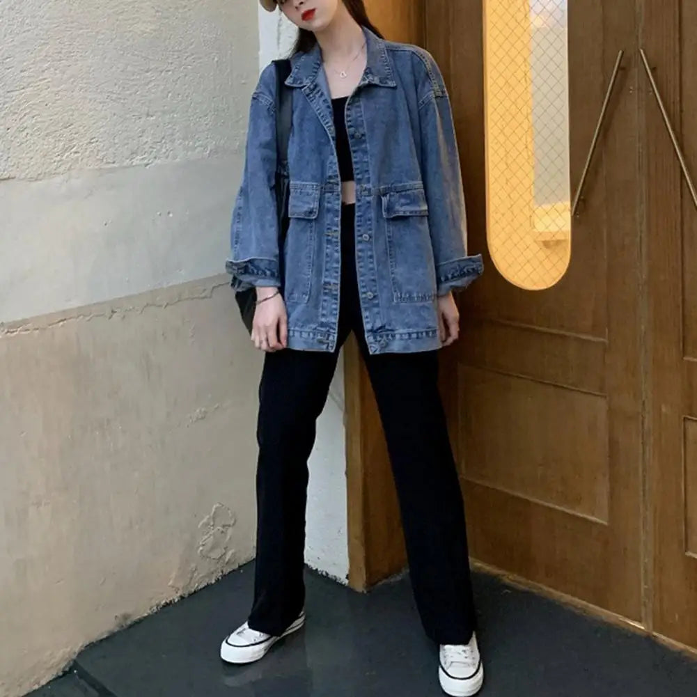 Women Jacket Washed Denim Single-breasted Cardigan Buttons Keep Warm Long Sleeves Turn-down Collar Women Coat Female Clothes