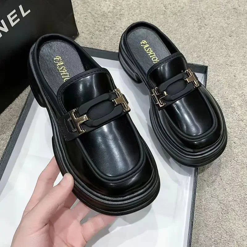 2025 New Shoes French Thick Sole Half Support Loafers Casual Women's Single Shoes British Style Small Leather Shoes