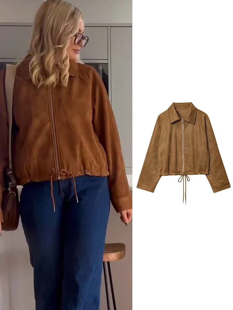 Women's Jacket New 2025 Long Sleeve Suede Drawstring Design Short Jacket Casual Fashion Personality Versatile Lapel Coat