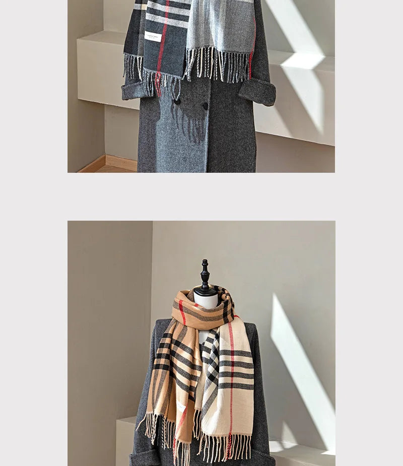 Autumn and Winter New Arrival Tassel Long Scarf Striped Fashion Cowl Neck Warm Fuzzy Color Block Wrap