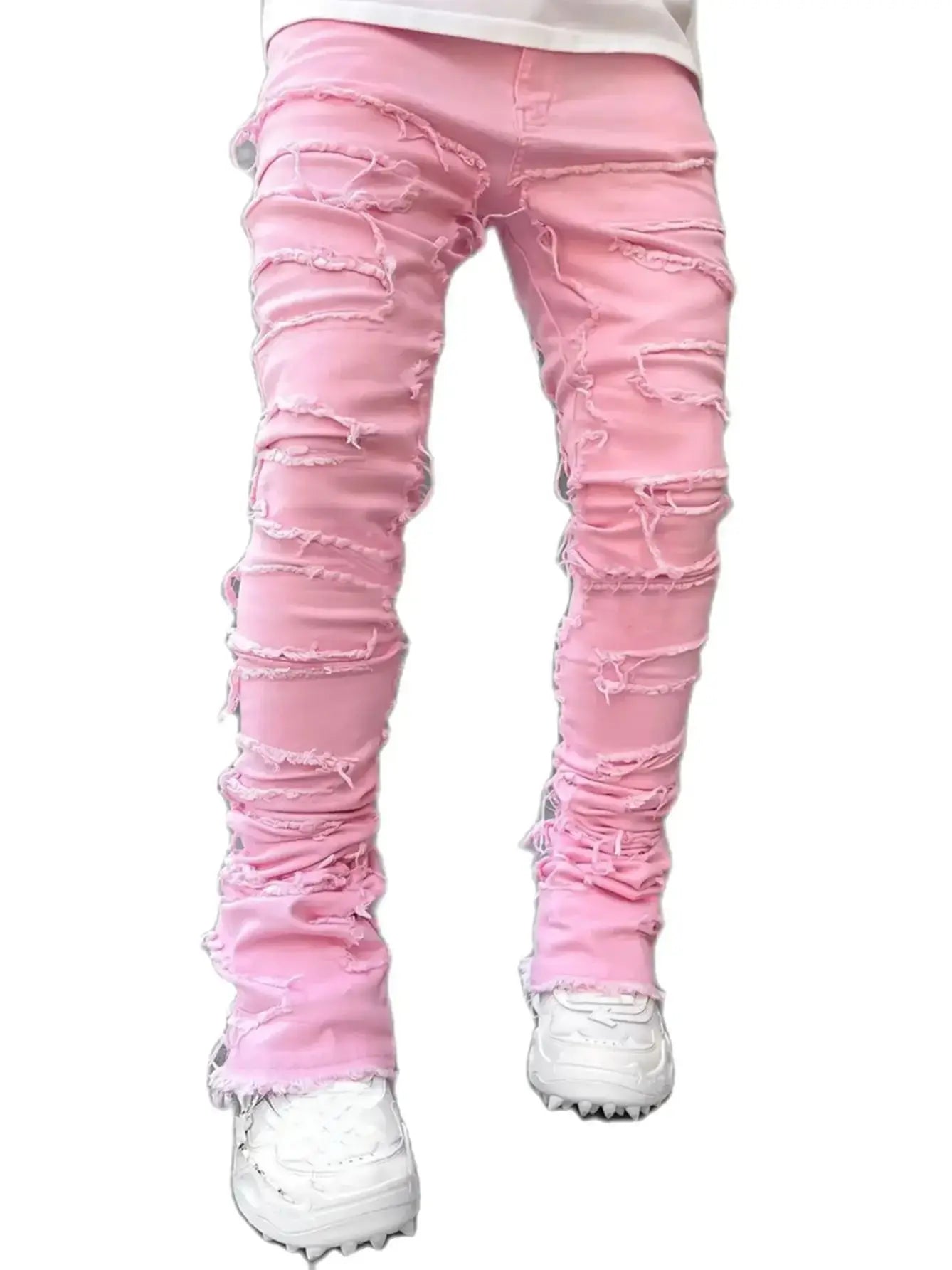 New Fashion Stretch Jeans Man Stacked Jeans Elastic Waist Straight Fit Patchworks Denim Long Pants Fringe Ripped Jeans For Men