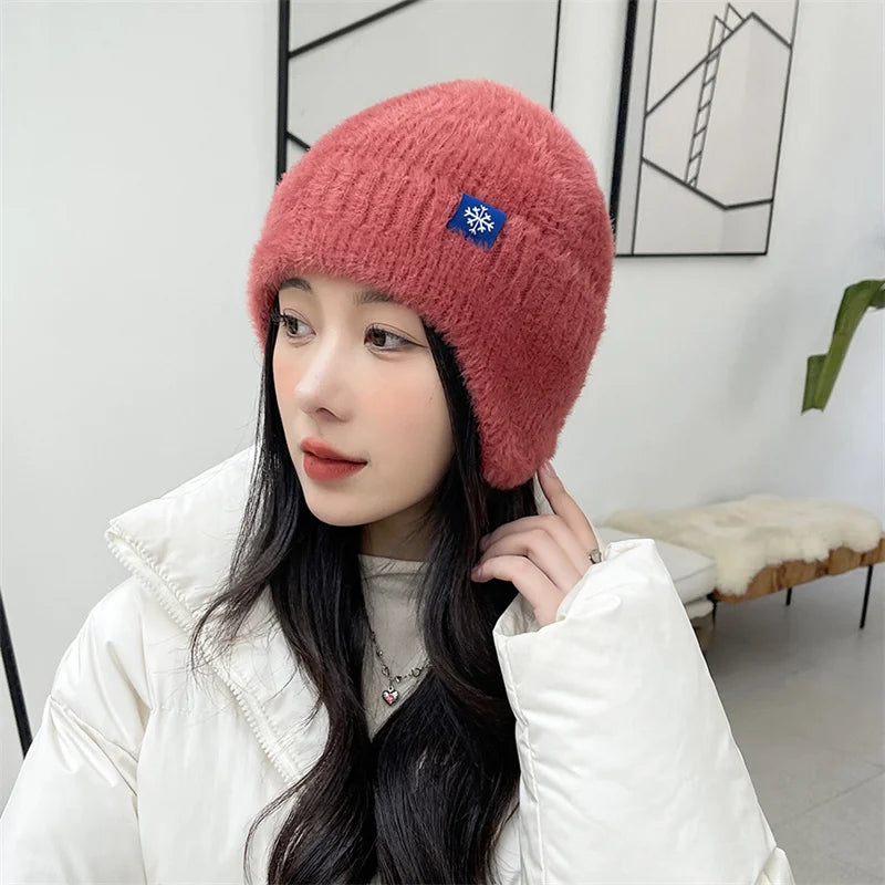 Winter Women Earflap caps Snowflake knitted hats Ear protection hats  Adult Ladies casual mohair beanie cap Gorros