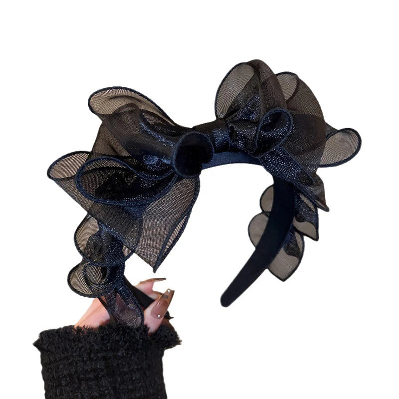 Women Originality Ruffled Edge Stylist Accessories Hair Hoop Fashion Korea Retro Black Mesh Big Bow Headband Hair Accessories