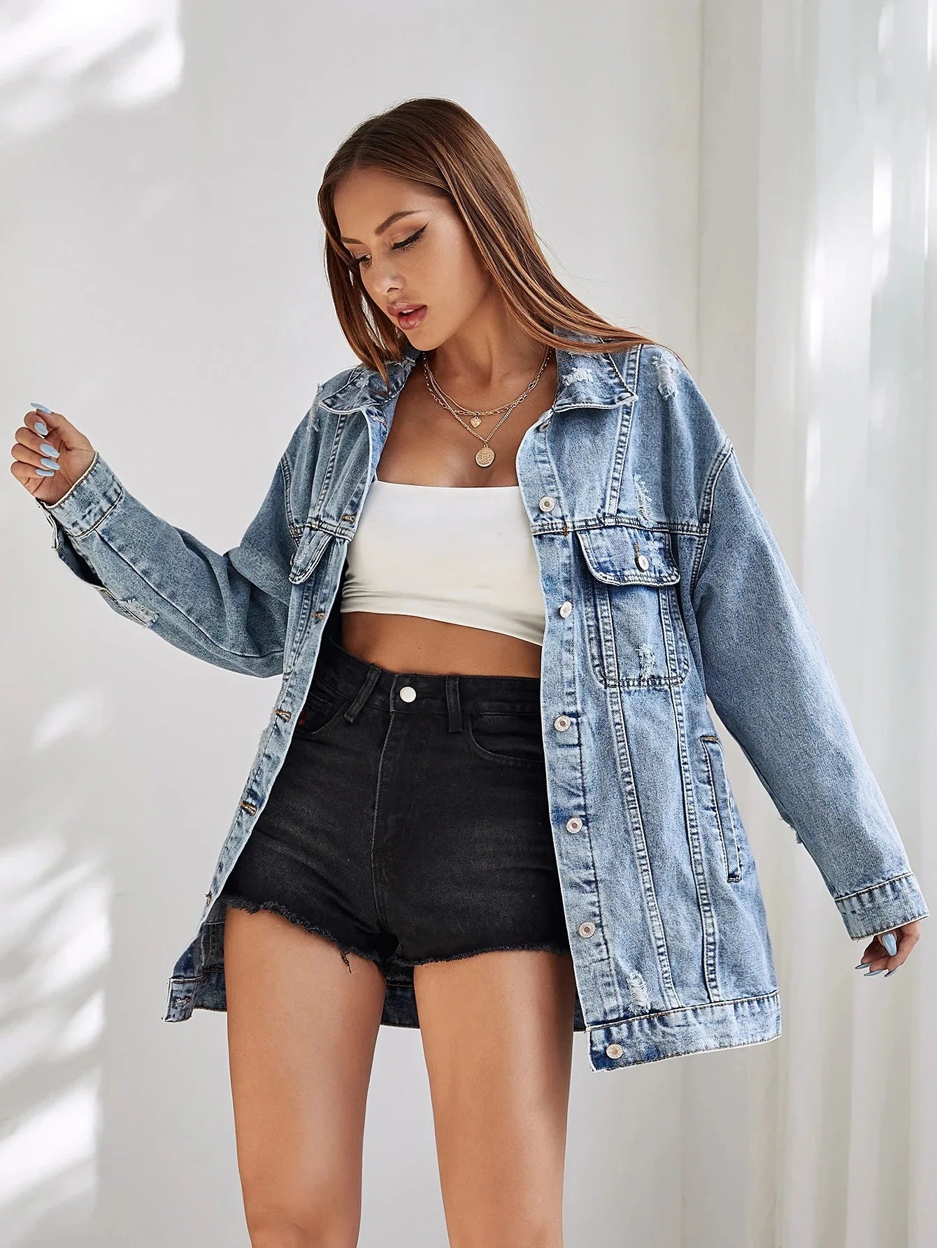 New Denim Jacket for Women Ripped and Distressed Large Size Loose Mid-length Denim Jacket Winter Clothes Women