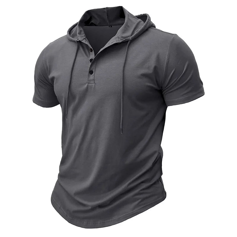 Men's Short-sleeved T-shirts for Sports and Fitness American-style Henley Shirt Hooded Top